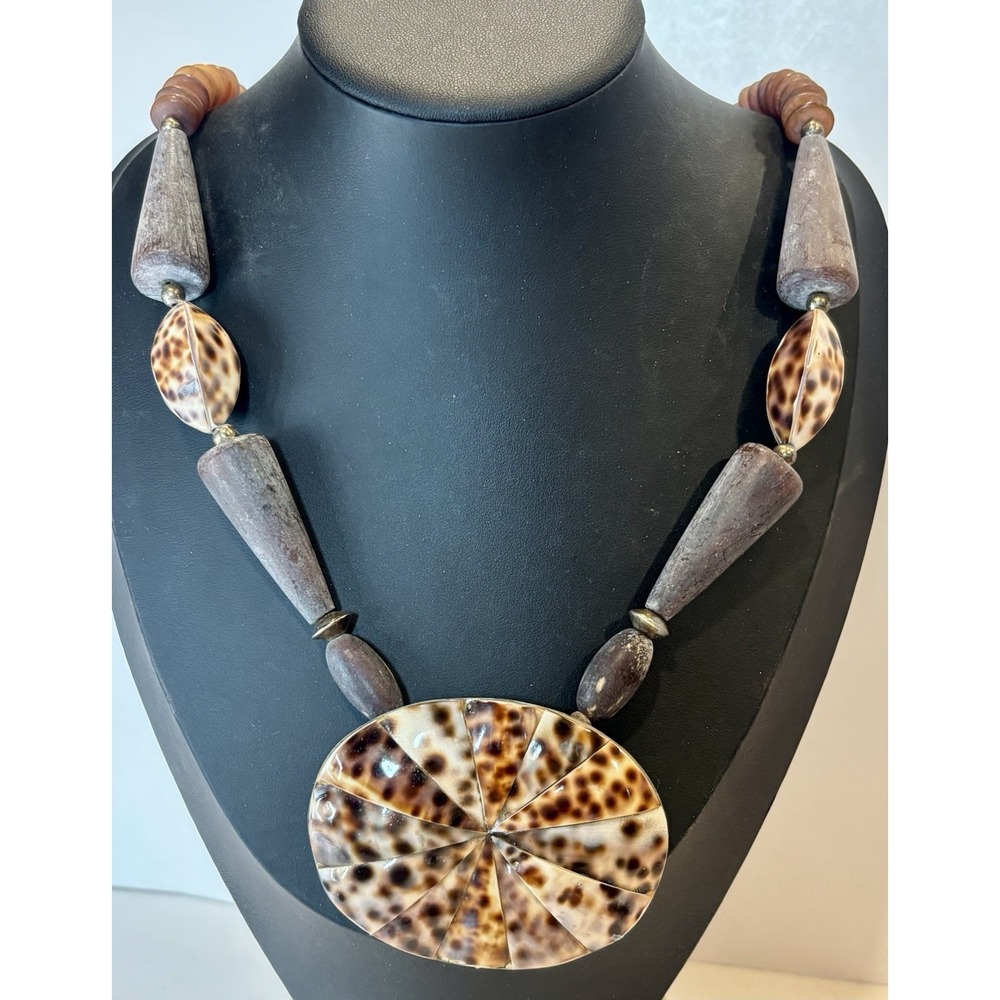 Shell Mosaic Pendant Chunky Necklace Wood Cowrie Shell Tribal Boho Statement 27"